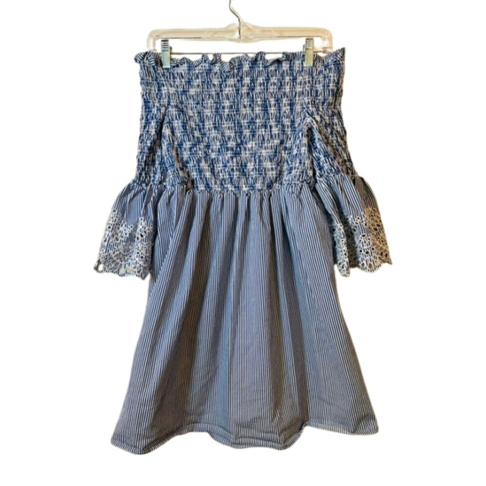Ted Baker Noaah Blue White Stripe Off Shoulder Smocked Dress Lace Trim Size 4